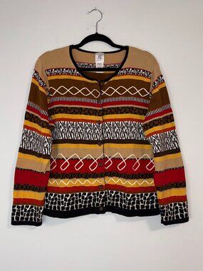 VTG 90s Fisher Hill Southwestern Cotton Cardigan Sweater Multi Pattern Aztec Kni